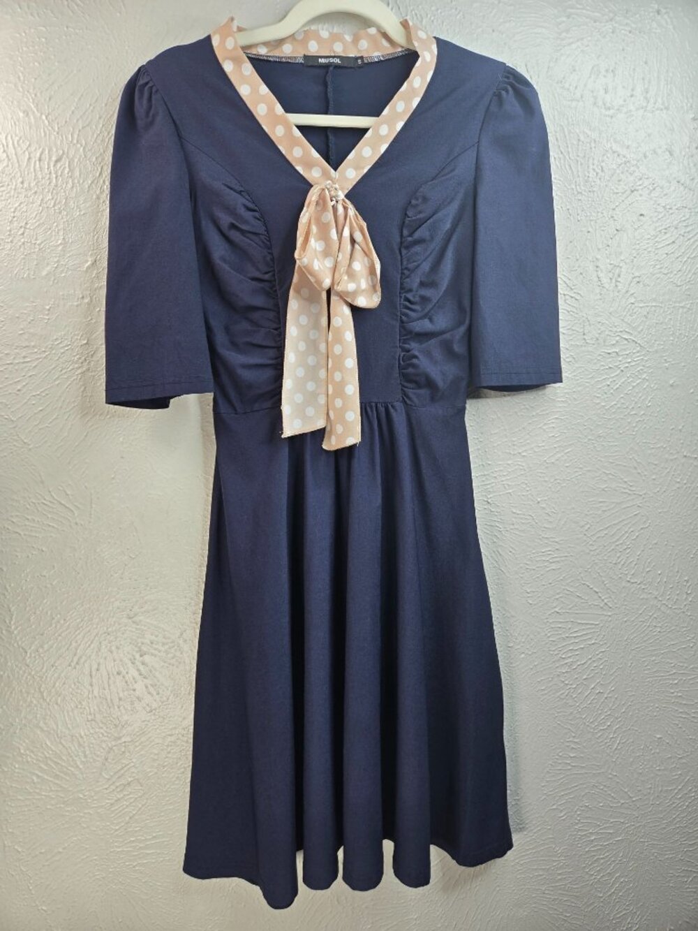 Preppy Bow Tie Dress S Navy Blue Stretchy Short Sleeve Retro Lolita Academia‎